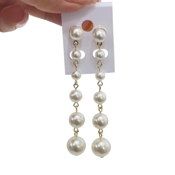 NEW Gold Filled Elegant Cascading Faux Pearl Drop Earrings - Picture 2 of 10